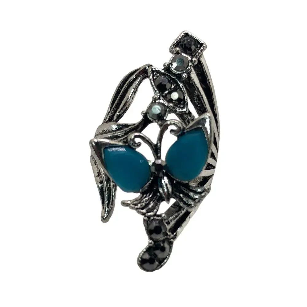 Silver Butterfly Rhinestone Statement Ring - Size 8